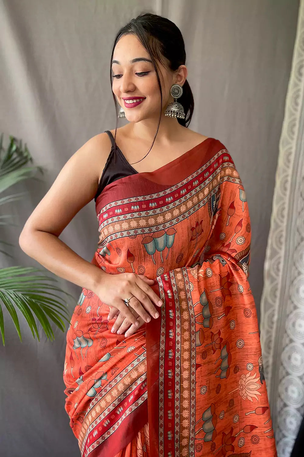 Desiring Orange Color Kalamkari Linen Saree