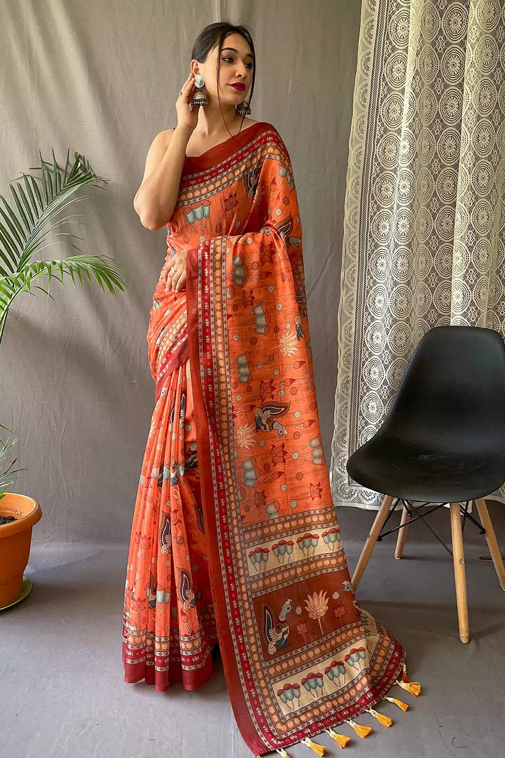 Desiring Orange Color Kalamkari Linen Saree