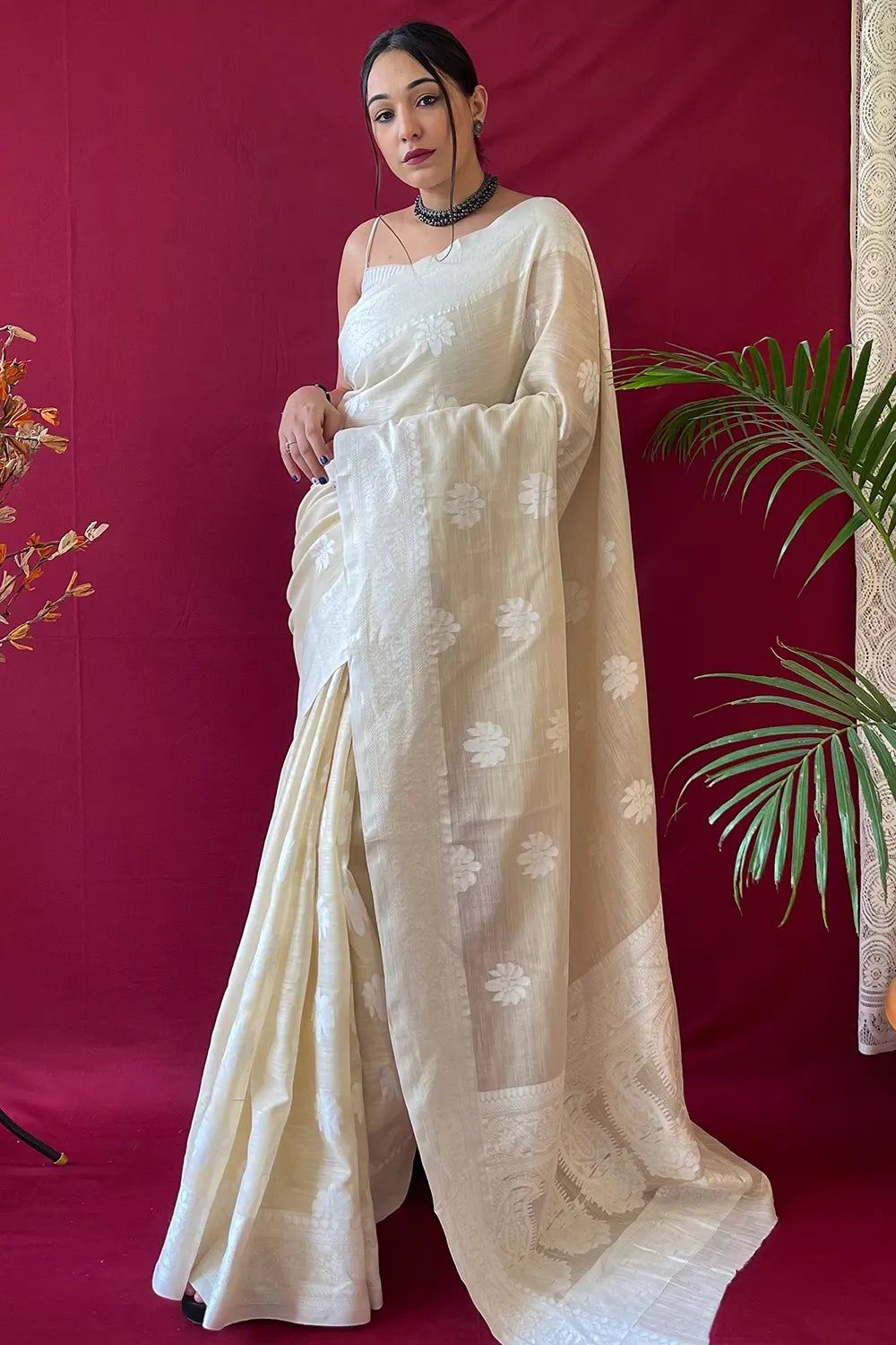 Opulent Pastel Beige Lucknowi Linen Saree