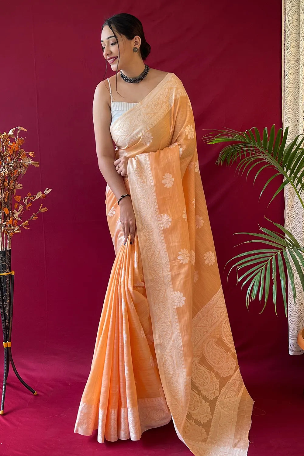 Fantastic Pastel Orange Lucknowi Linen Saree
