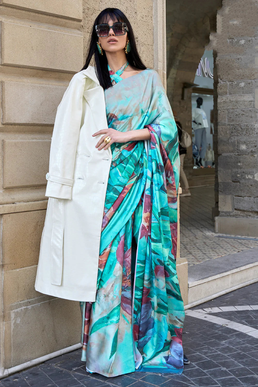 Charming Sky Blue Color Printed Work Linen Saree