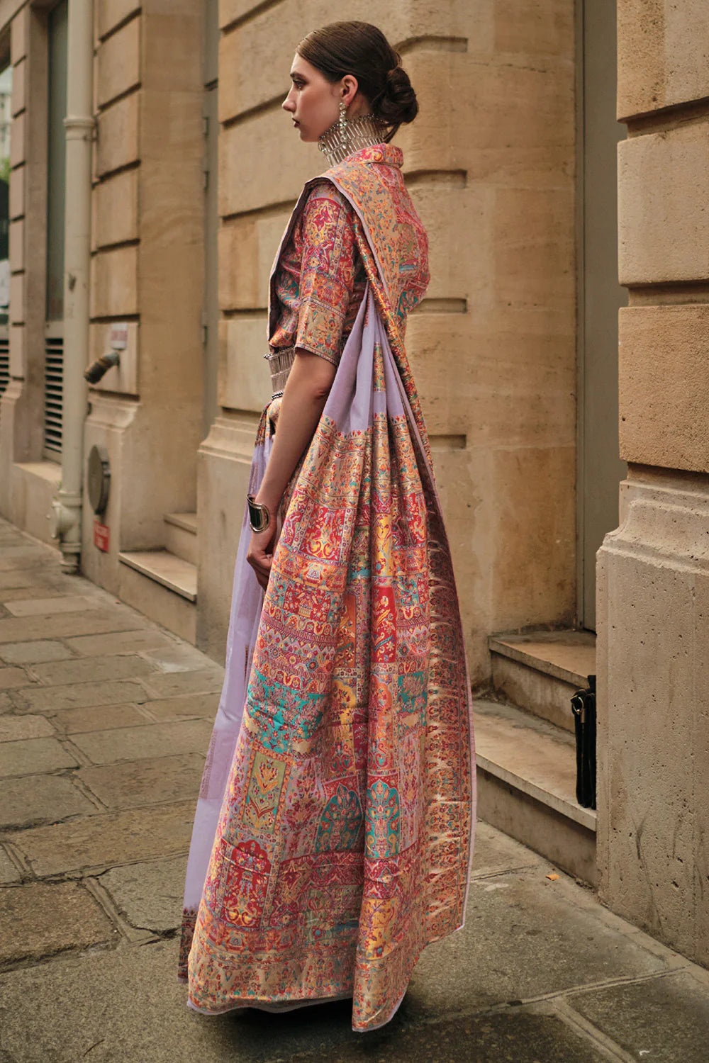 Gorgeous Lavender Kashmiri Color Printed Work Linen Saree