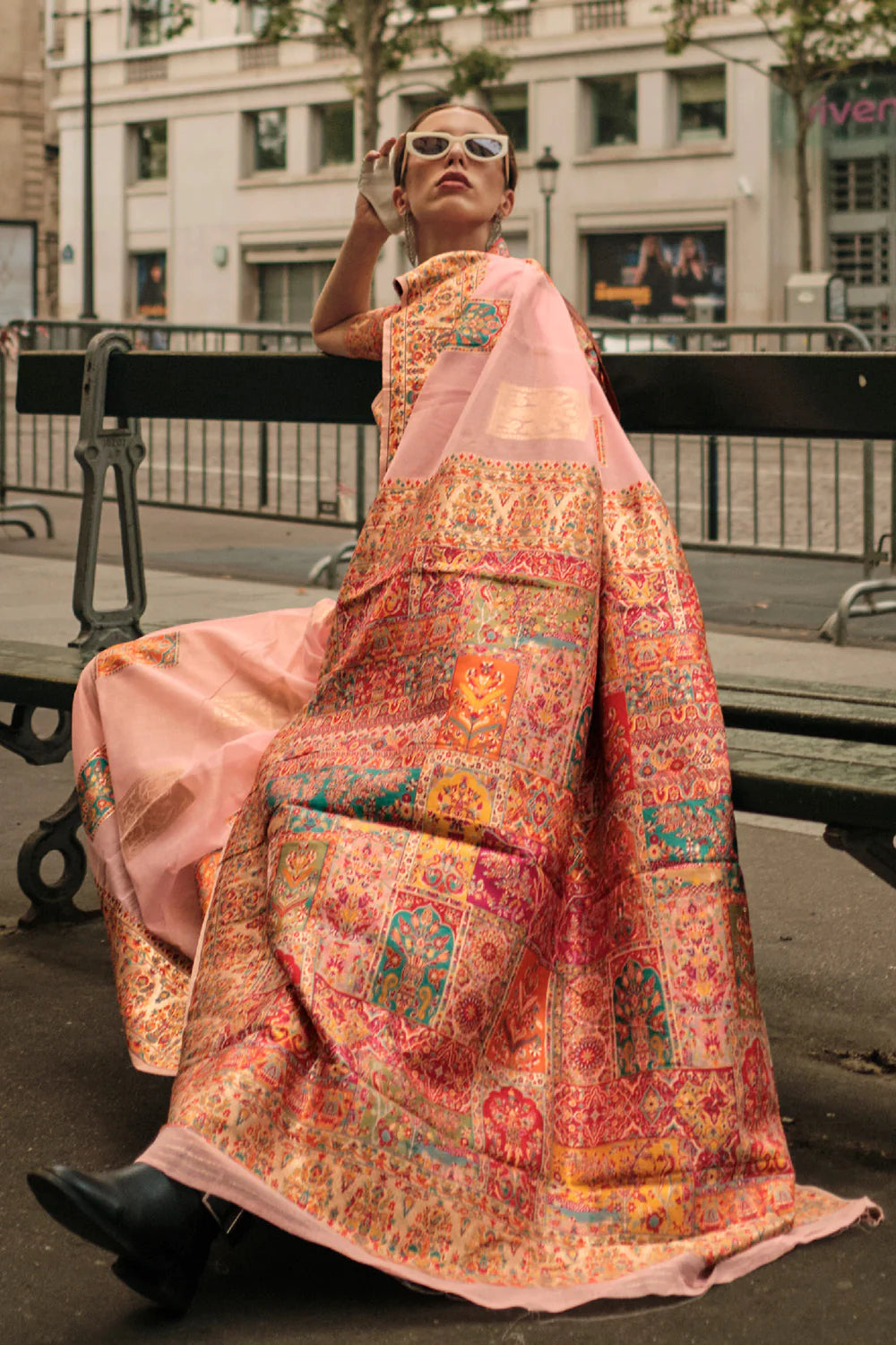 Unique Peach Color Printed Work Linen Saree