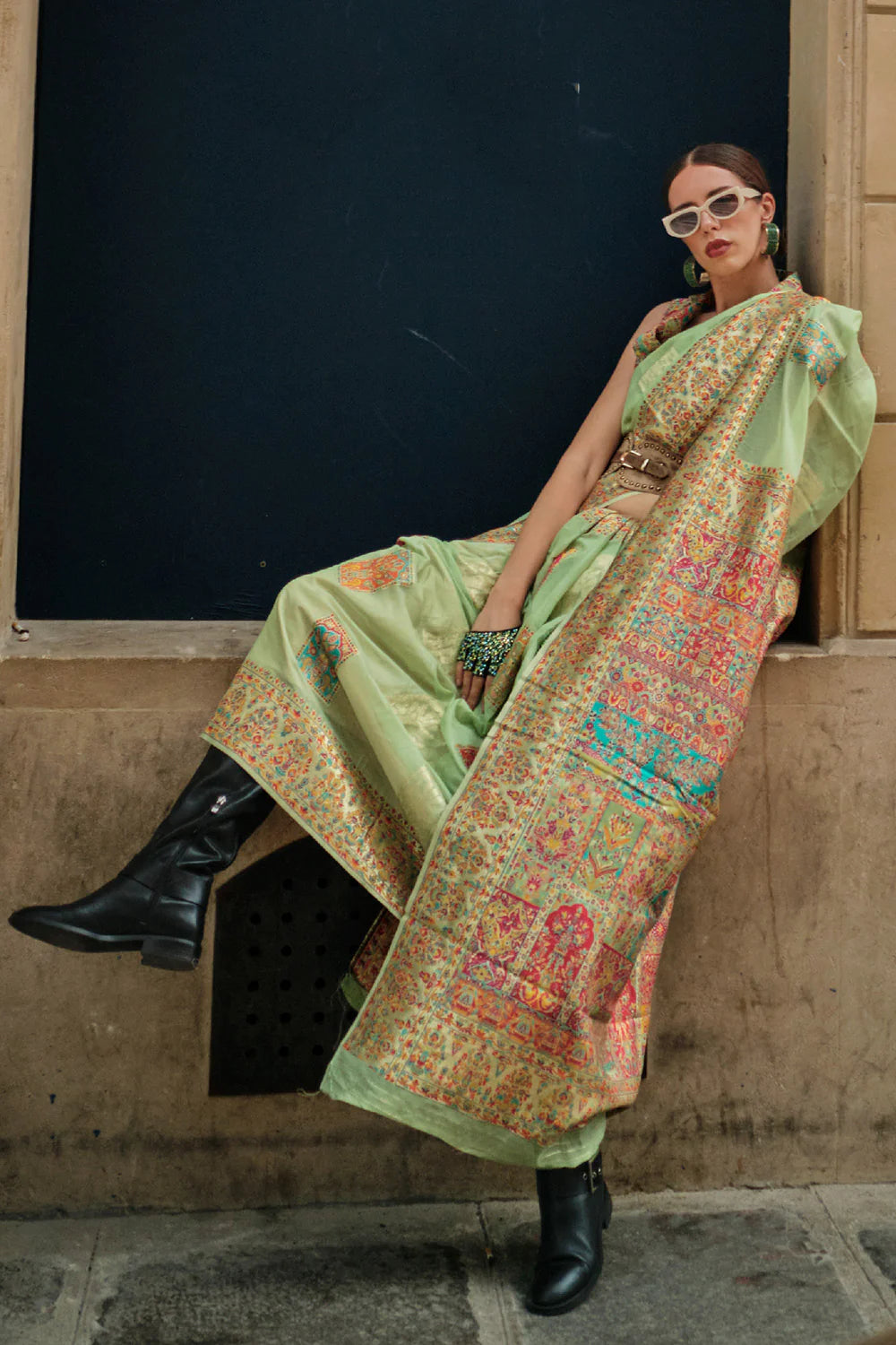 Mesmeric Pista Green Color Printed Work Linen Saree