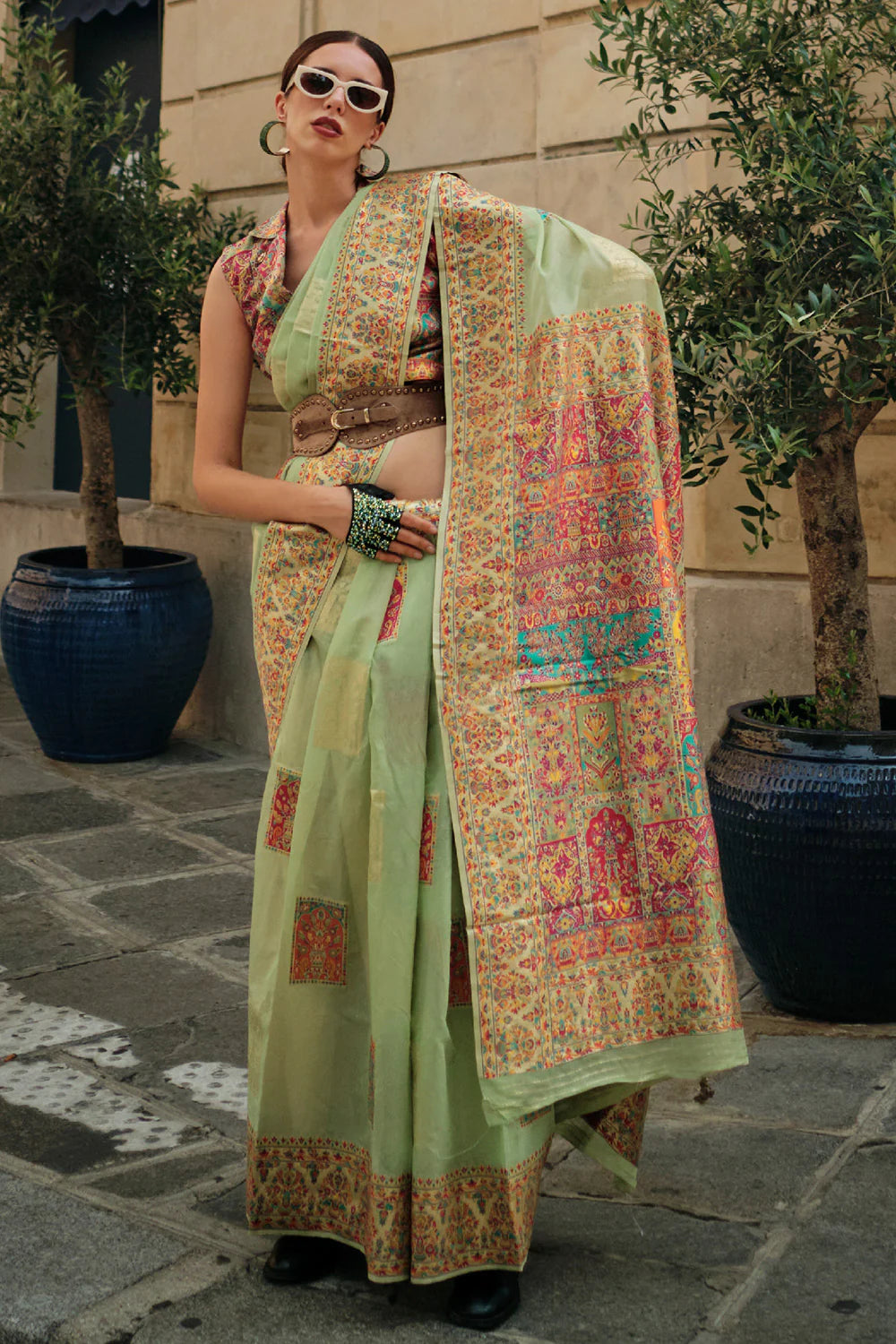 Mesmeric Pista Green Color Printed Work Linen Saree