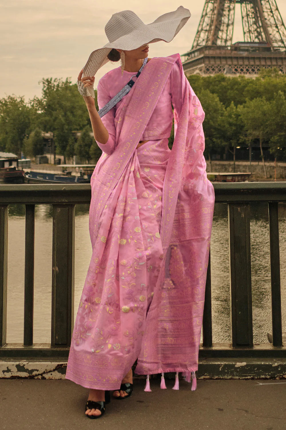 Ravishing Neon Pink Color Printed Work Linen Saree