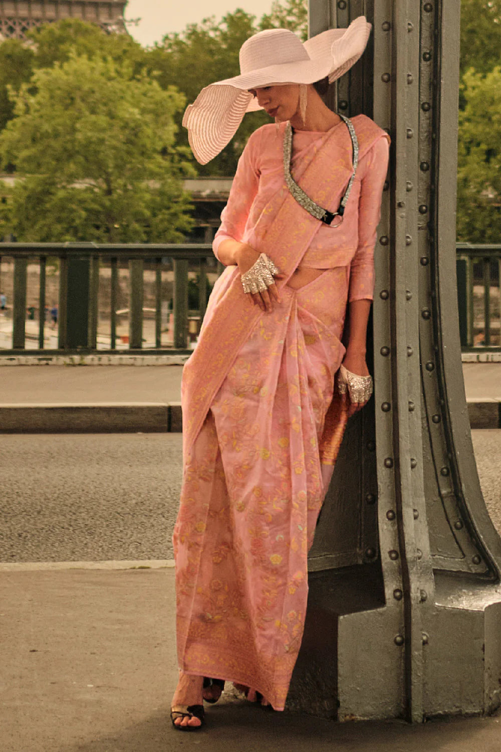 Glowing Light Pink Color Printed Work Linen Saree