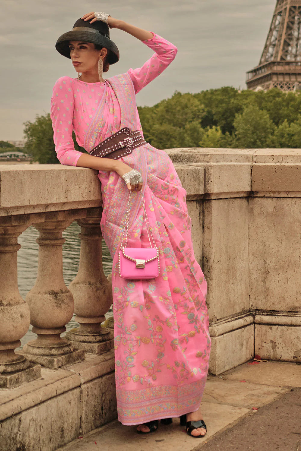 Ideal Pink Color Printed Work Linen Saree