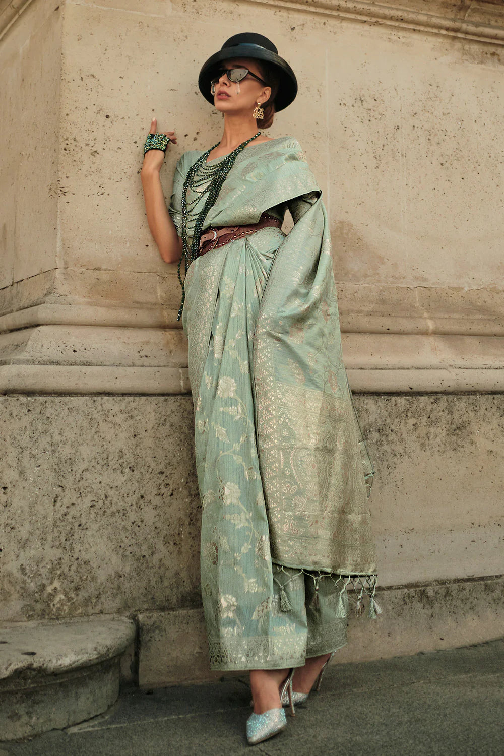 Blooming Green Color Printed Work Linen Saree