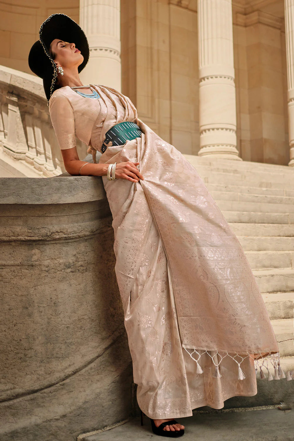 Exotic Tan Beige Color Printed Work Linen Saree