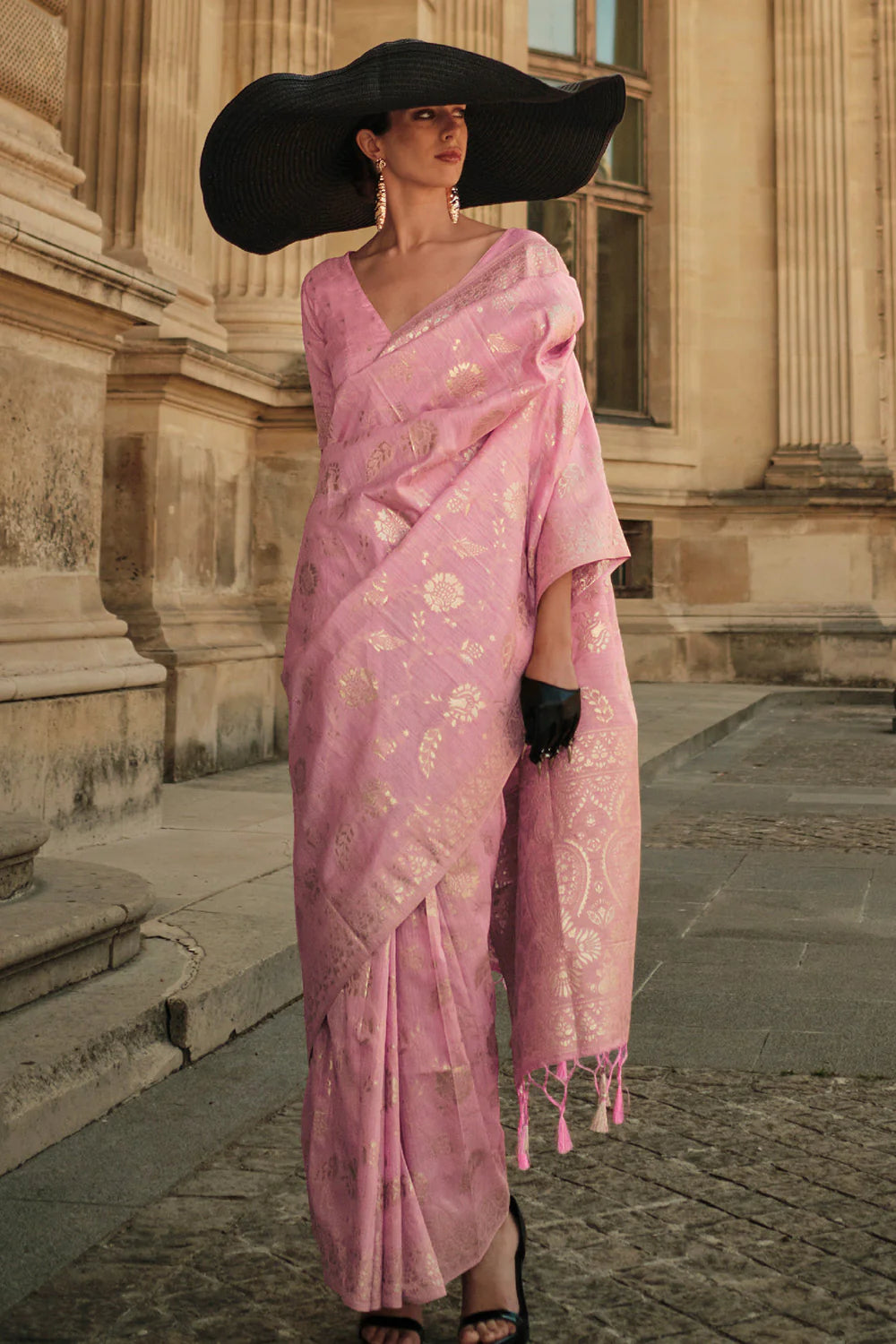 Appealing Rose Pink Color Printed Work Linen Saree