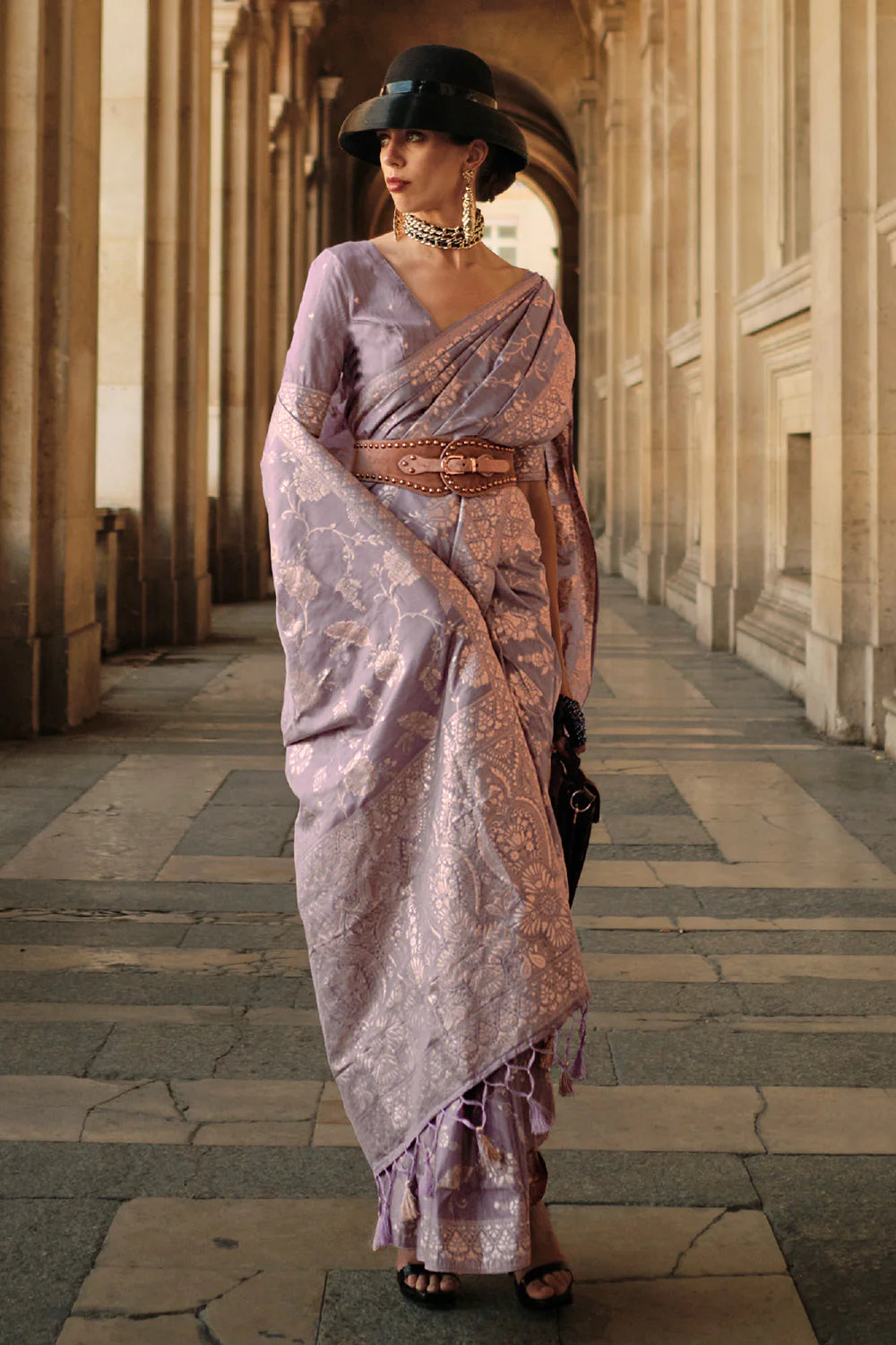 Delightful Purple Color Printed Work Linen Saree