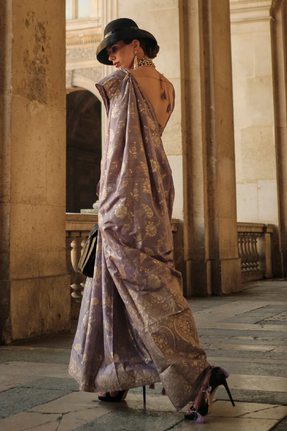 Delightful Purple Color Printed Work Linen Saree