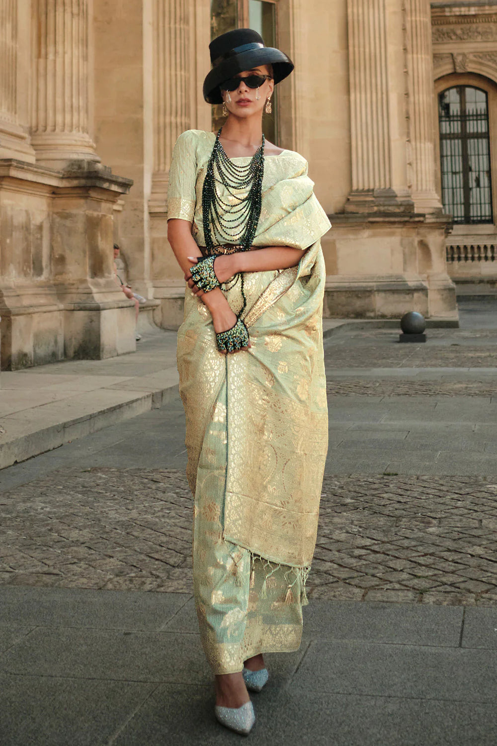 Radiant Mint Green Color Printed Work Linen Saree