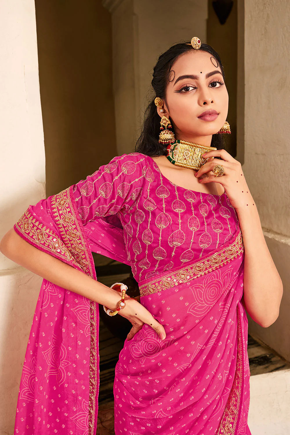 Amazing Pink Color Printed Work Silk Saree