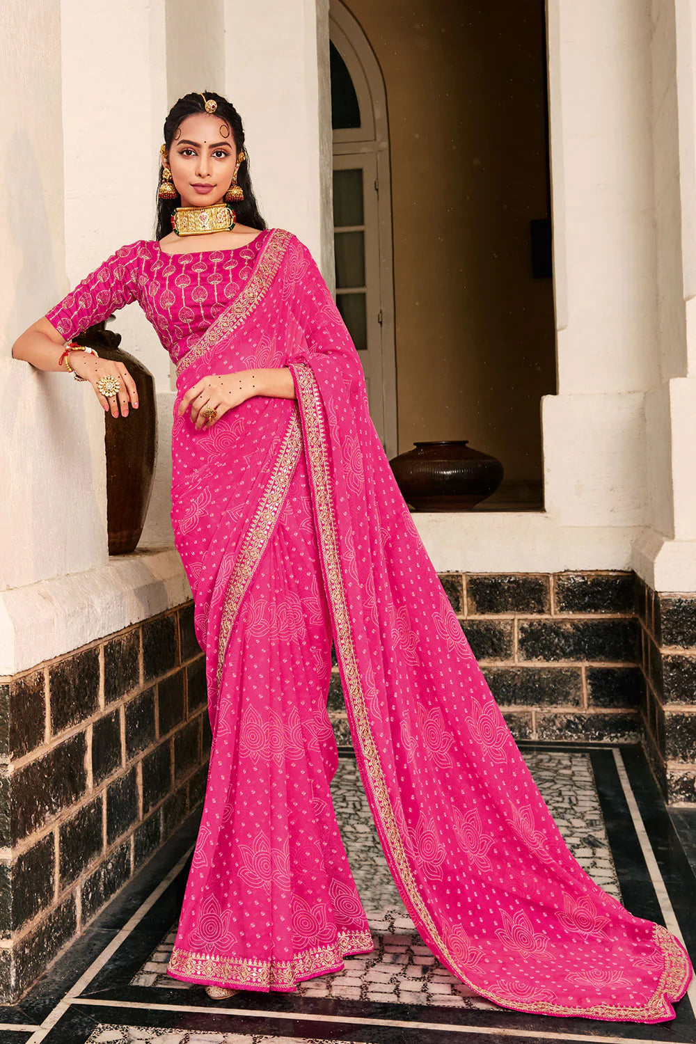 Amazing Pink Color Printed Work Silk Saree