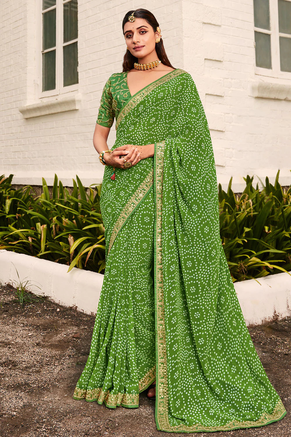 Outstanding Green Color Printed Work Silk Saree