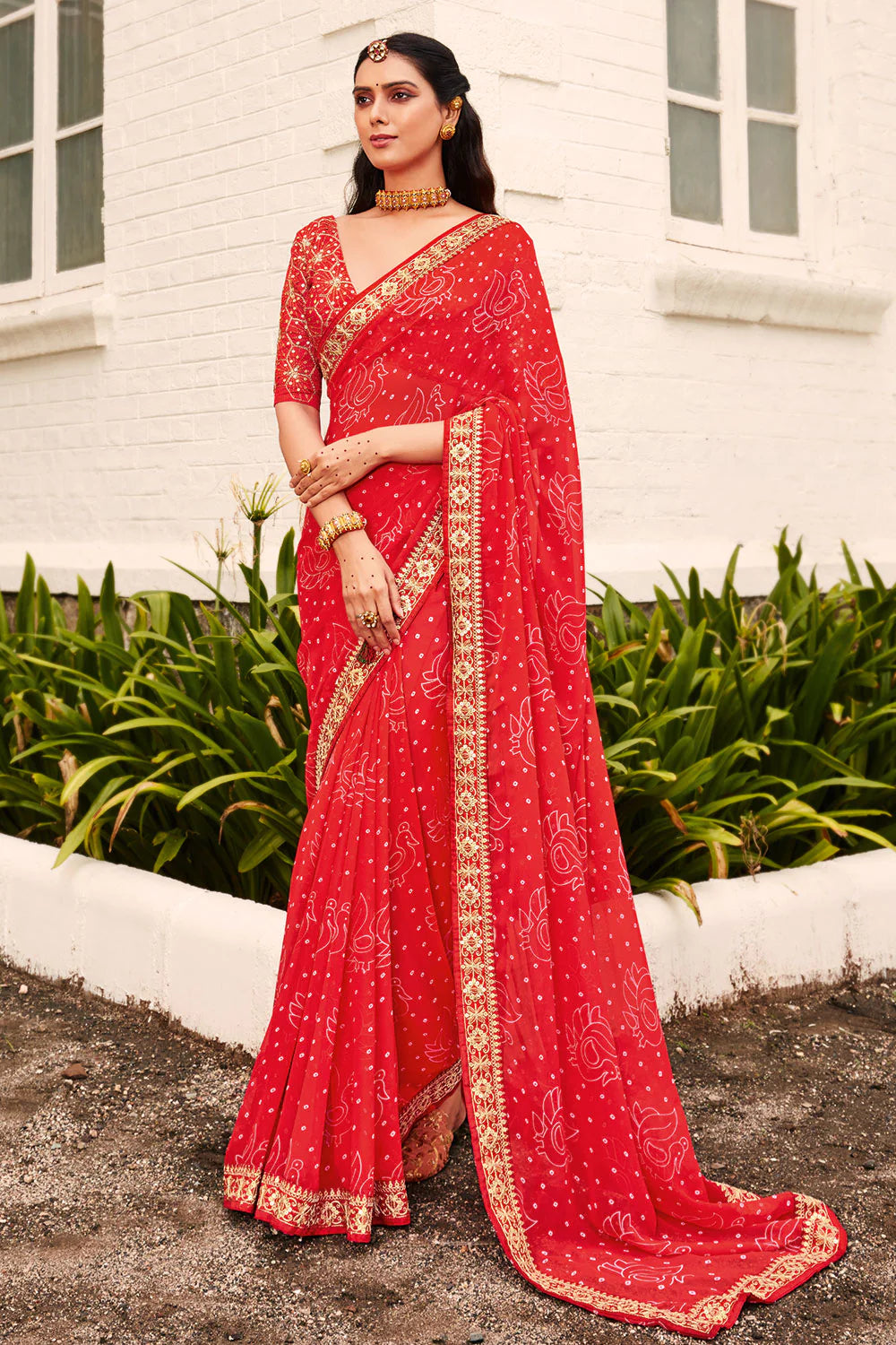 Classy Red Color Printed Work Silk Saree