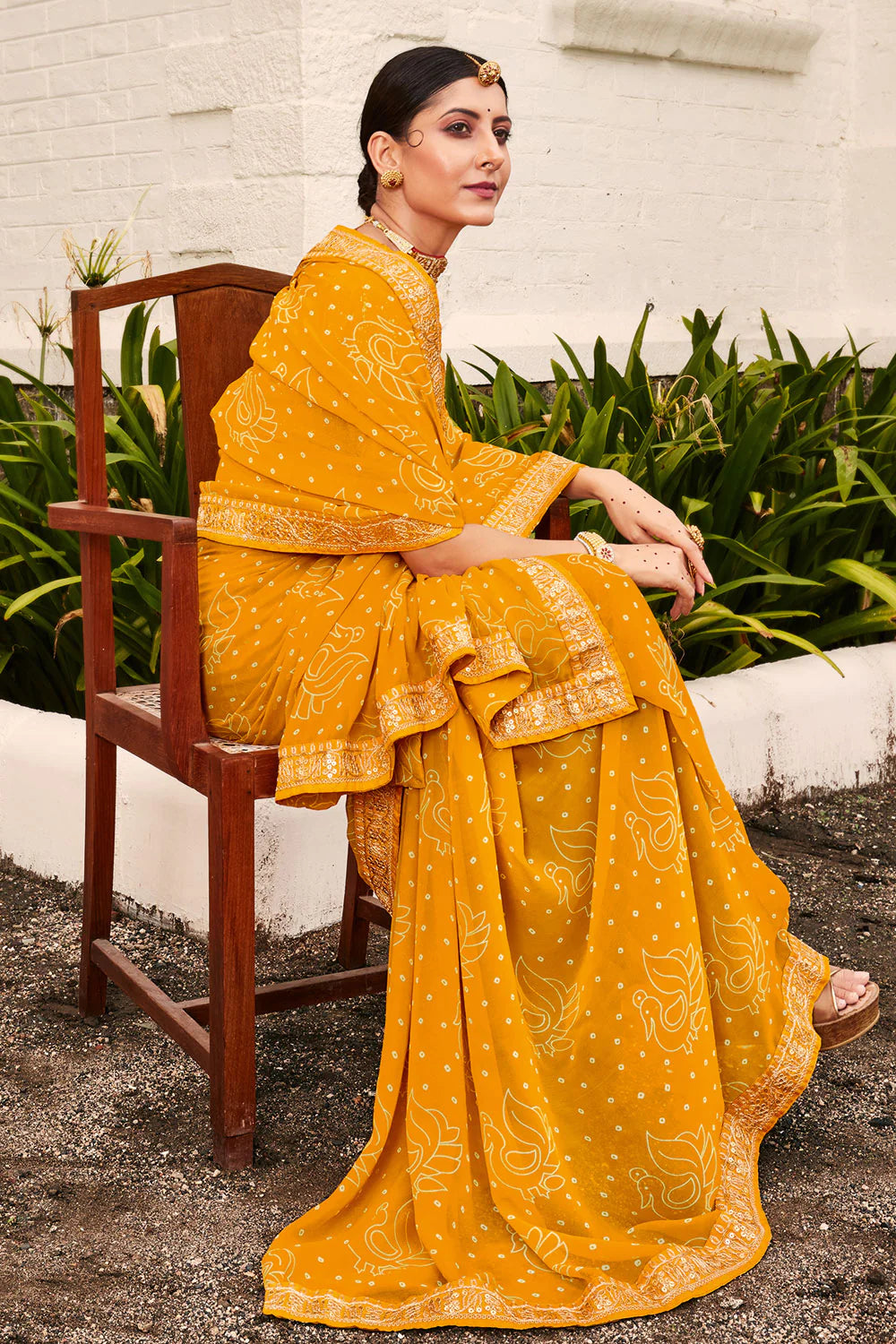 Gorgeous Mustard Yellow Color Printed Work Silk Saree