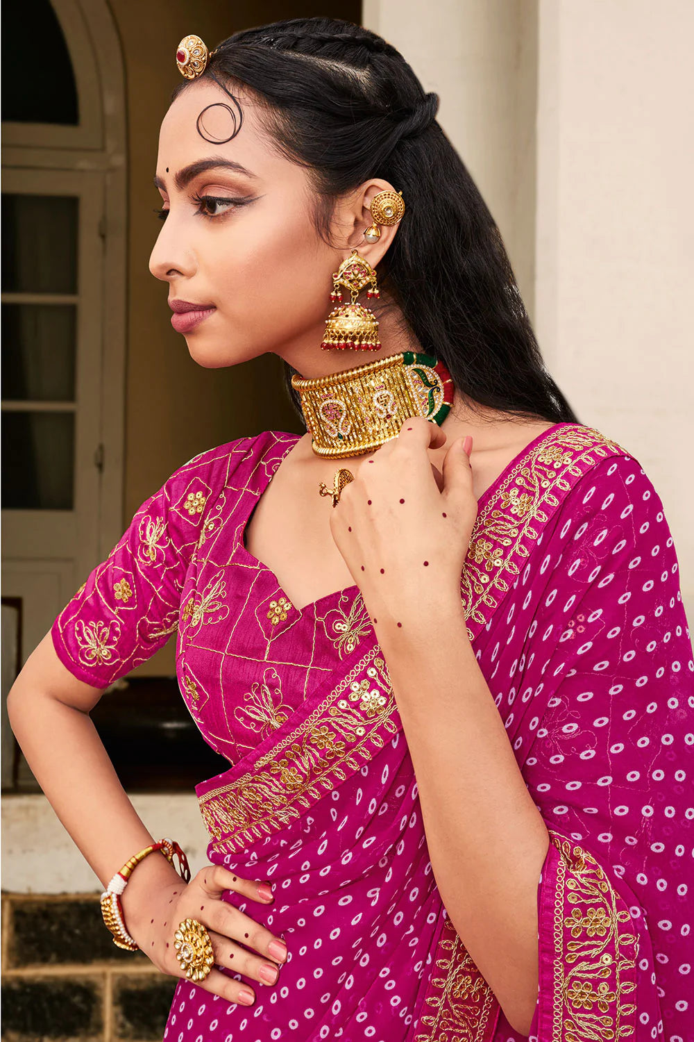 Entrancing Rani Pink Color Printed Work Silk Saree