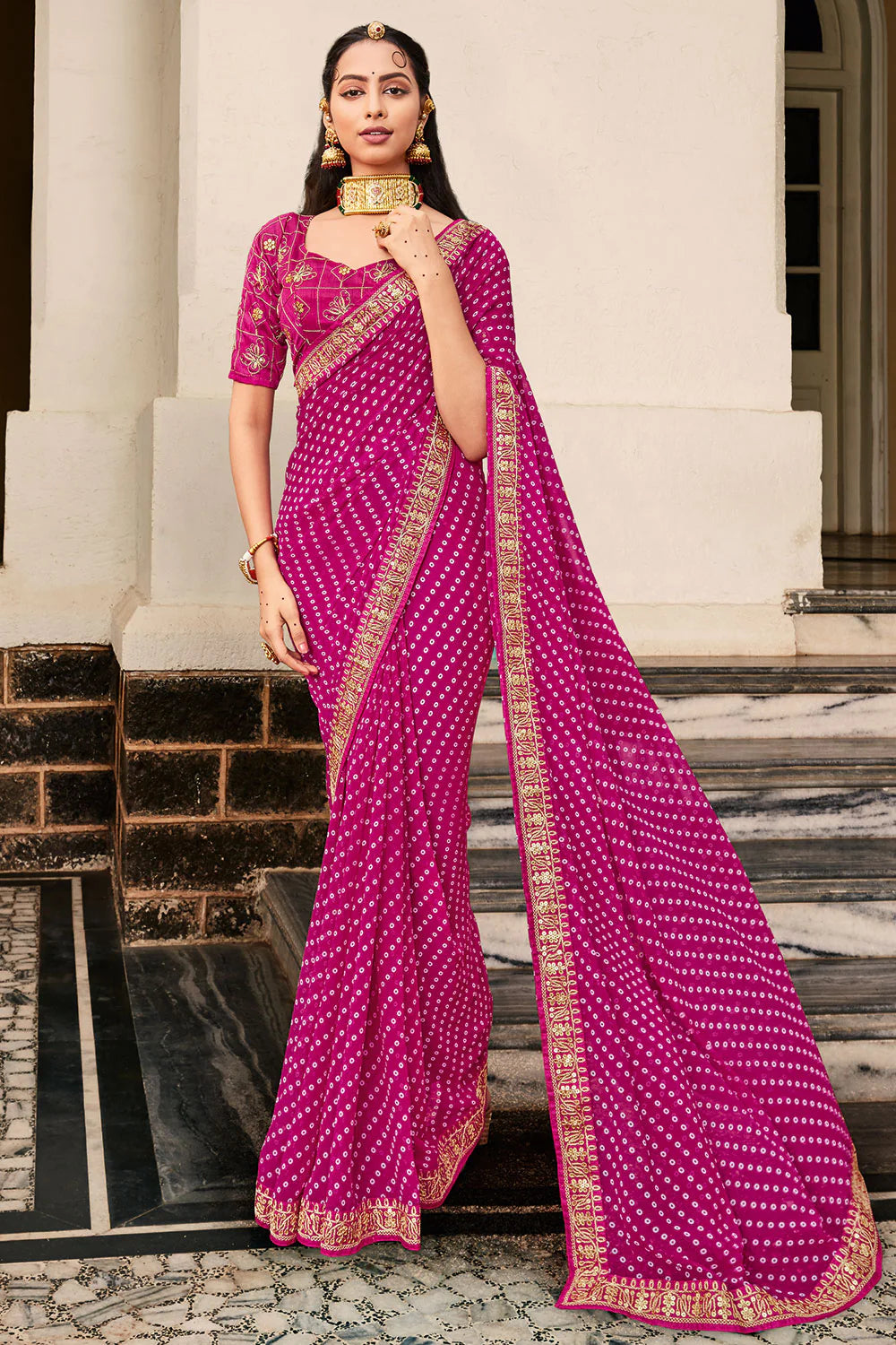 Entrancing Rani Pink Color Printed Work Silk Saree