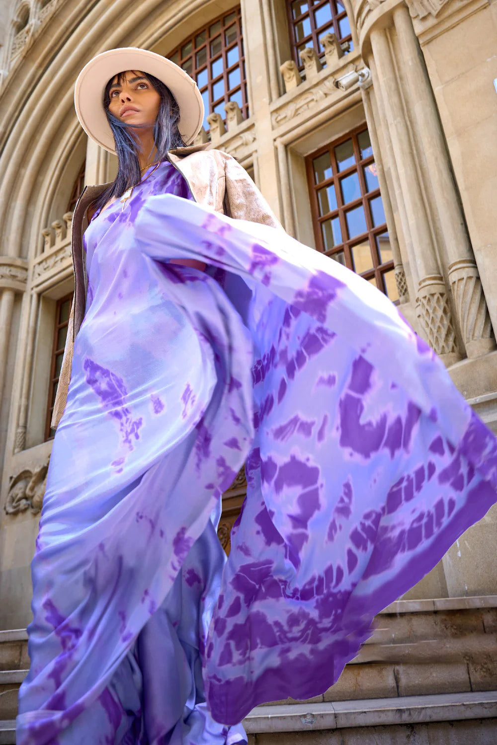 Amazing Purple Printed Work Satin Silk Saree