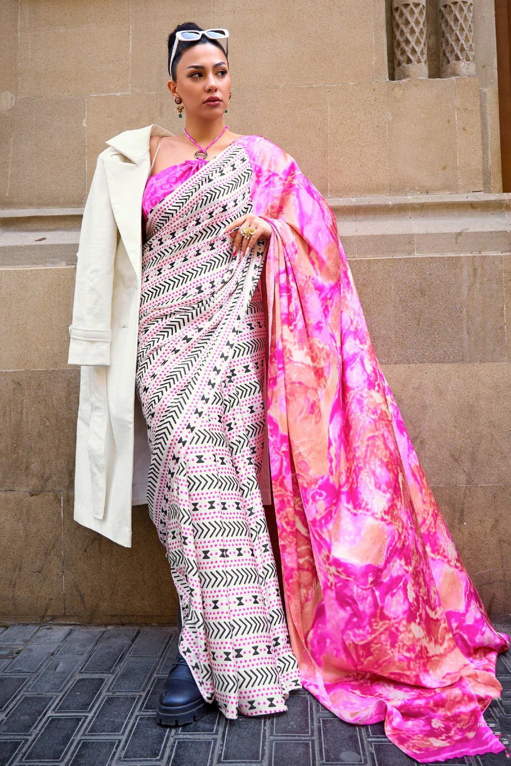 Beautiful Off White & Pink Printed Work Satin Silk Saree