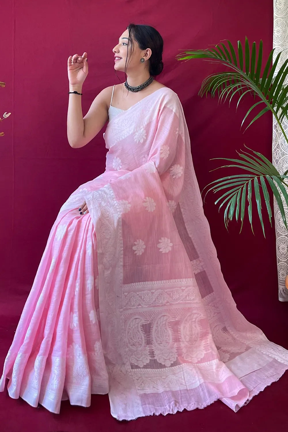 Stunning Pastel Pink Lucknowi Work Linen Saree
