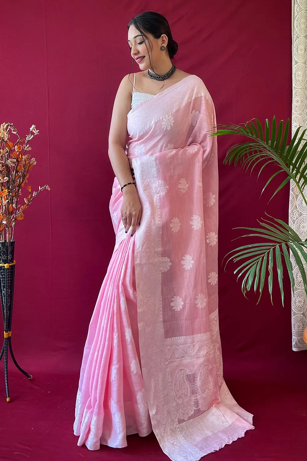 Stunning Pastel Pink Lucknowi Work Linen Saree