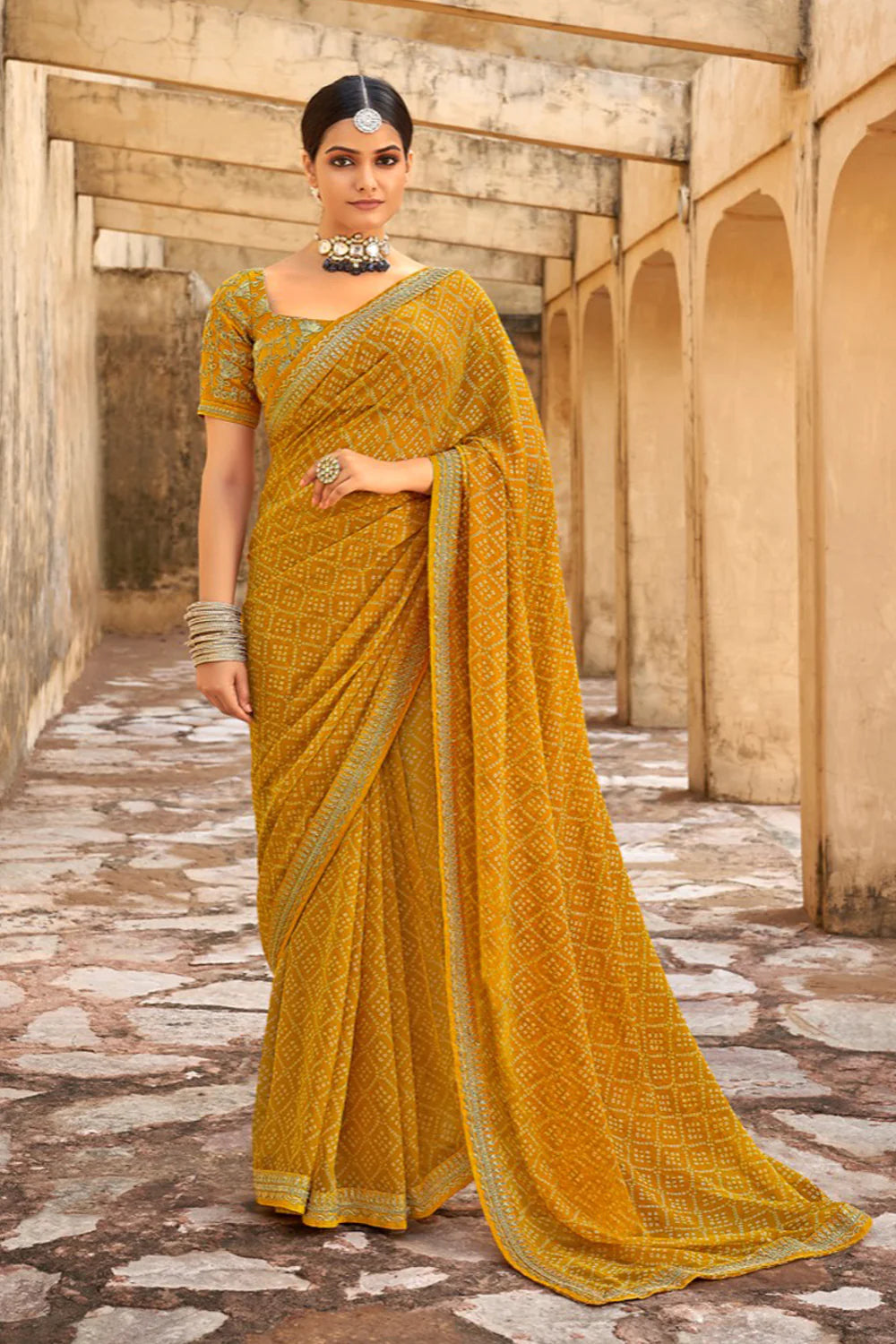 Unique Mustard Yellow Bandhani Design Saree