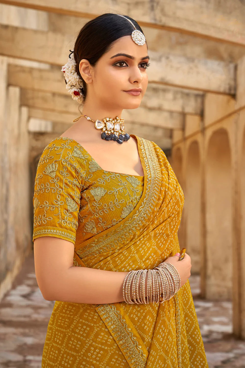 Unique Mustard Yellow Bandhani Design Saree