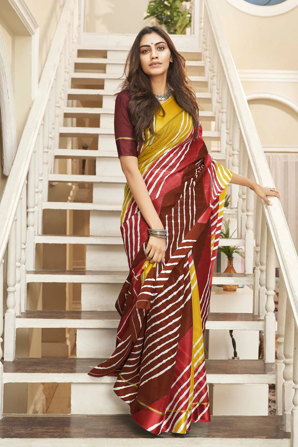 Beautiful Yellow&Brown Leheriya Printed Silk Saree