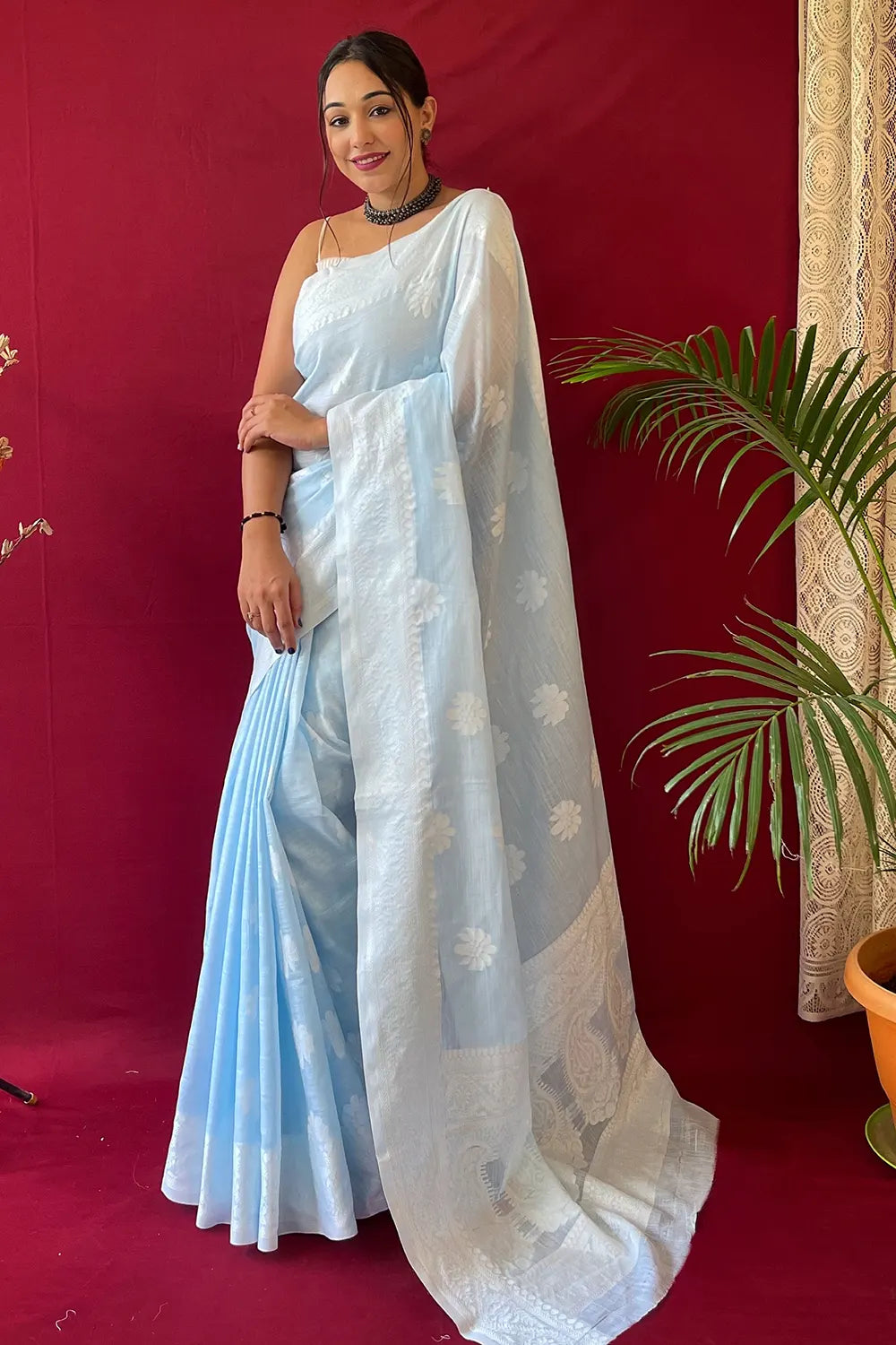 Majesty Pastel Blue Lucknowi Work Linen Saree
