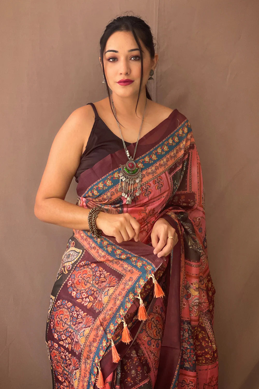 Pleasant Pink and Multi Colored Kalamkari Work Linen Saree