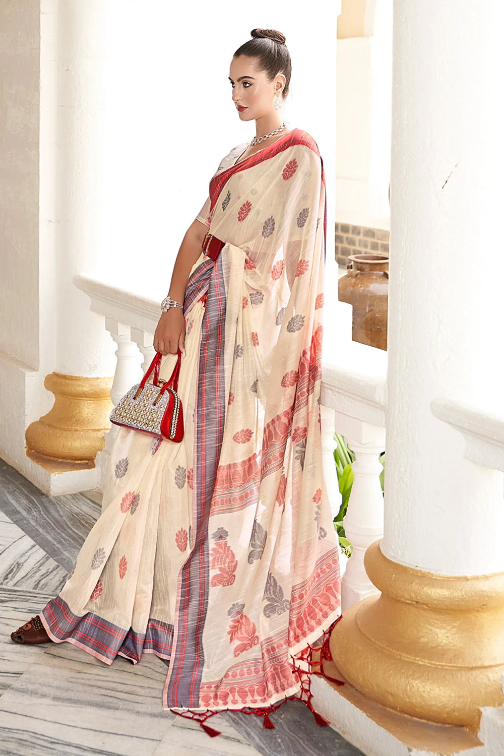 Pure Off White Printed Linen Saree