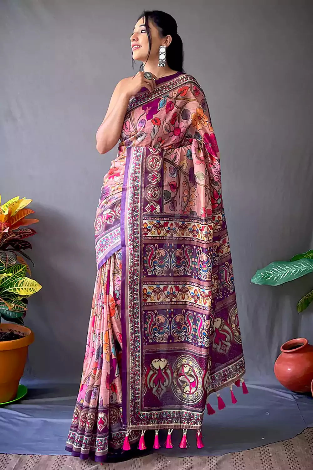 Awesome Purple Color Floral Printed Linen Saree