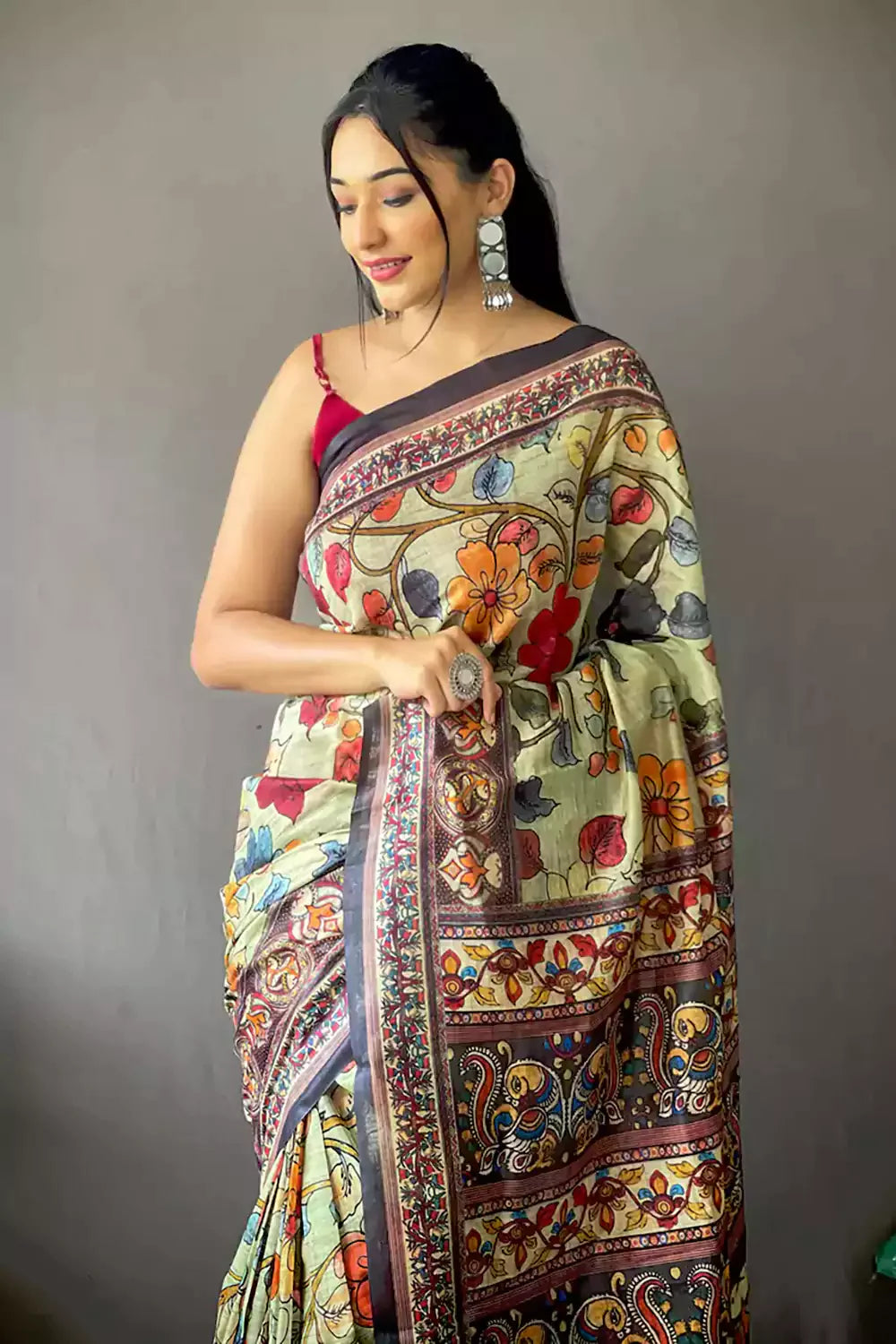 Charming Green Color Floral Printed Linen Saree