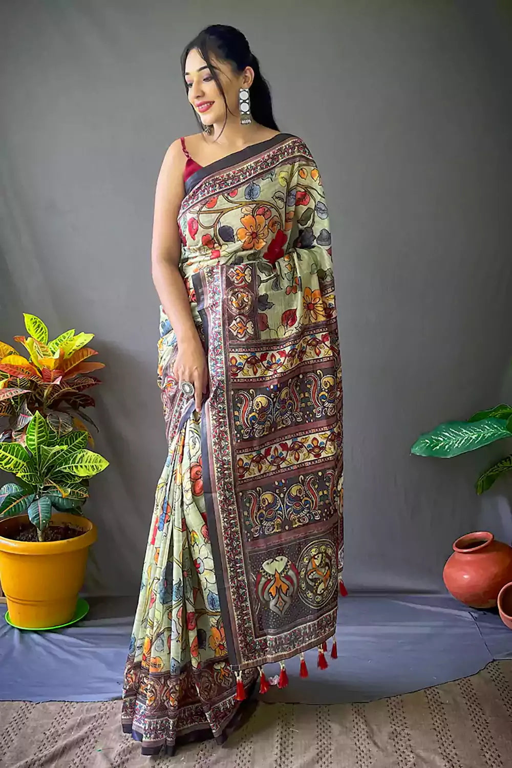 Charming Green Color Floral Printed Linen Saree