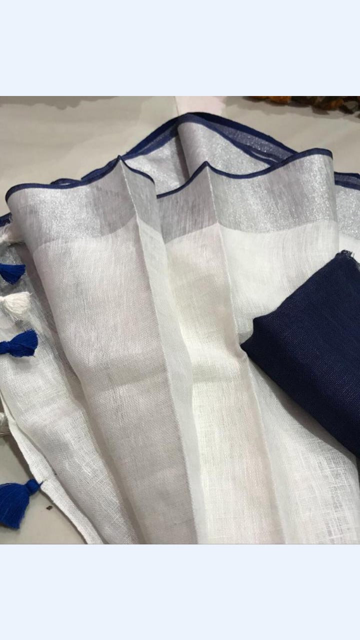 White Colour Women's Plain Linen Saree With Casual wear