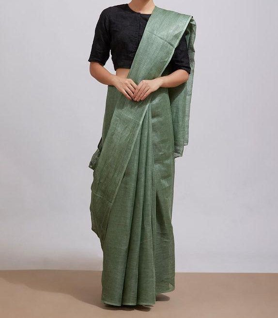 Green Colour Women's Plain Linen Saree With Casual wear