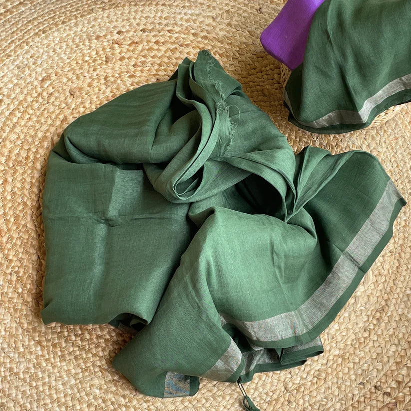 Green Colour Women's Plain Linen Saree With Casual wear