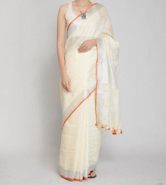 Off White Colour Women's Plain Linen Saree With Party Wear