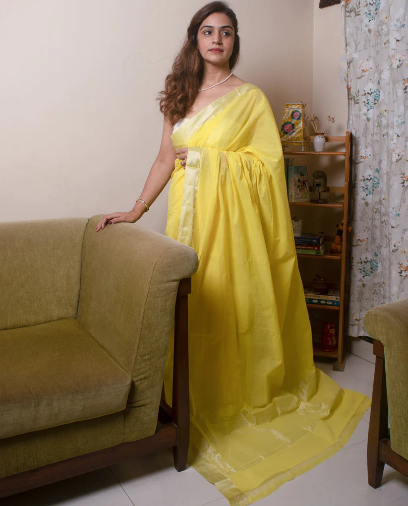 Fenugreek Yellow Colour Women's Plain Linen Saree With Casual wear