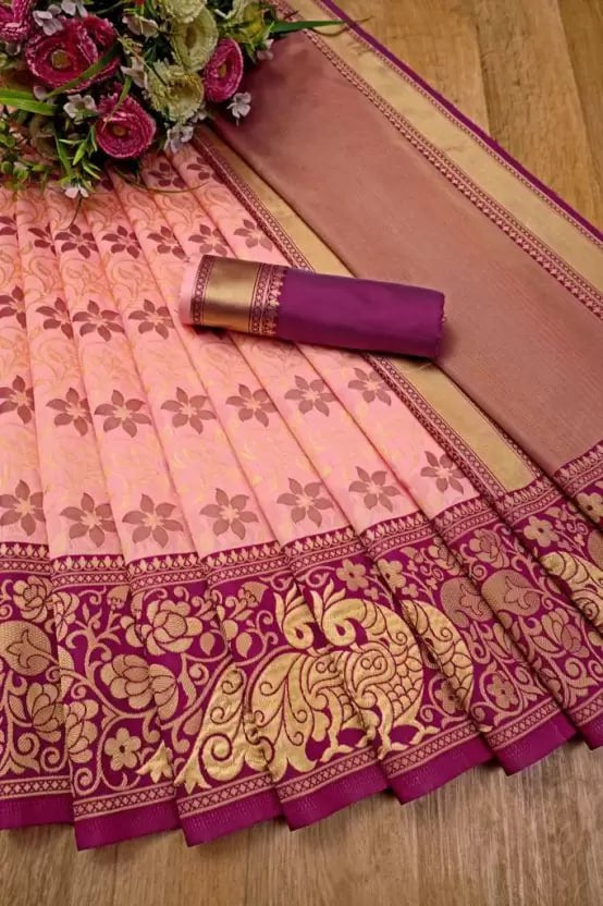 Flattering Peach Colored Printed Saree For Women
