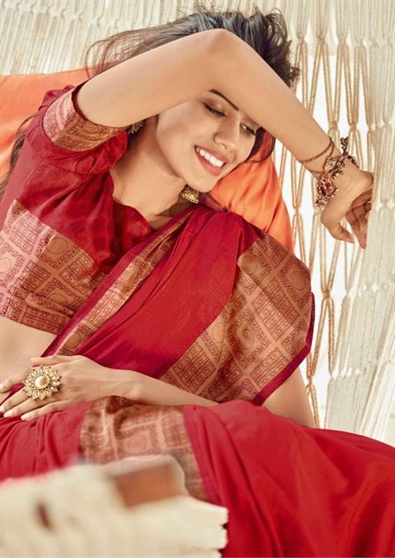 Pure linen Silk Women's Red Color Silk Saree With Blouse