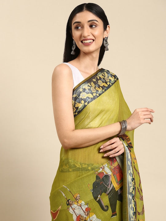 Pure linen saree Haina Green Colour Festival Wear