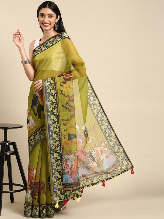 Pure linen saree Haina Green Colour Festival Wear