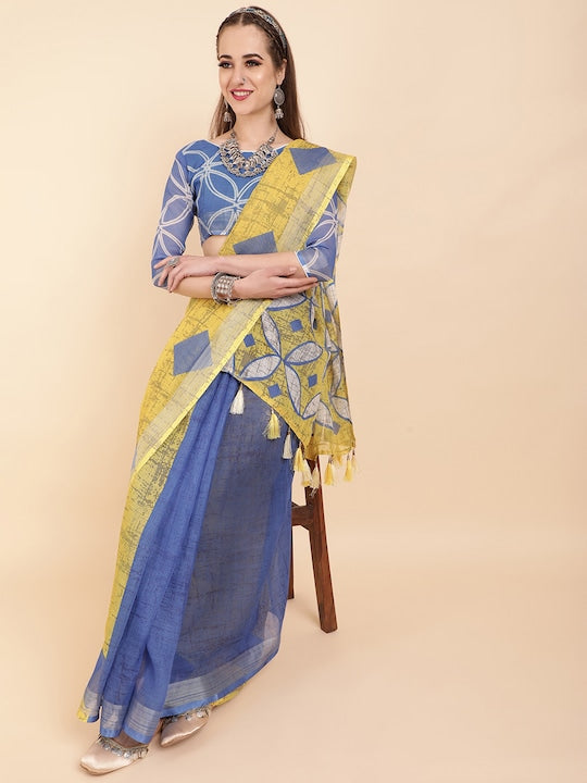 Pure linen saree Blue Colour Festival Wear