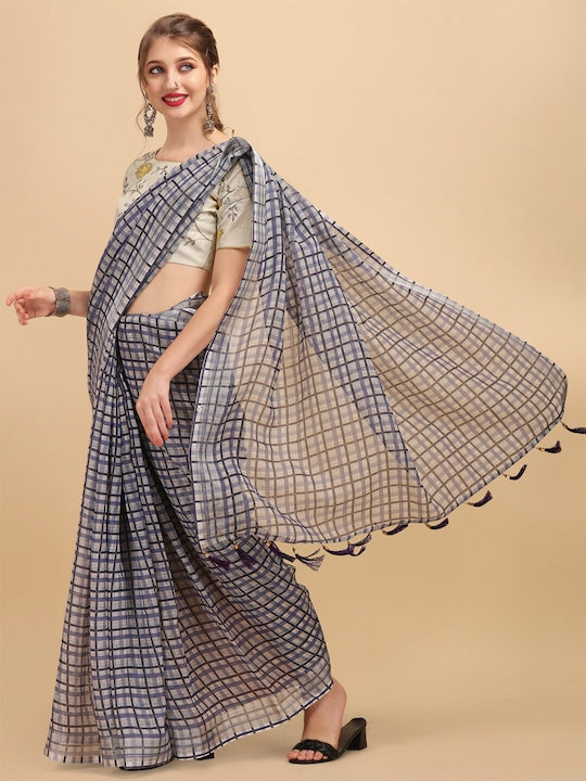 Pure linen saree Blue Colour Festival Wear