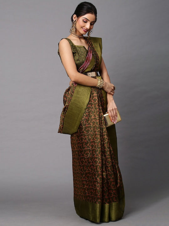 Pure linen saree Green Colour Festival Wear